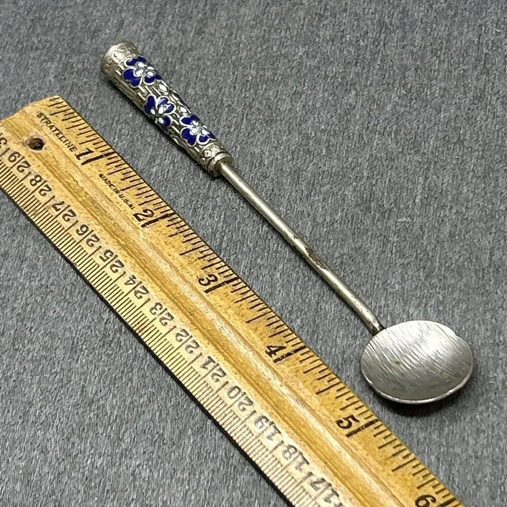 Vintage Cloisonne Enamel Long Handle Spoon Blue Floral Motif 5.25